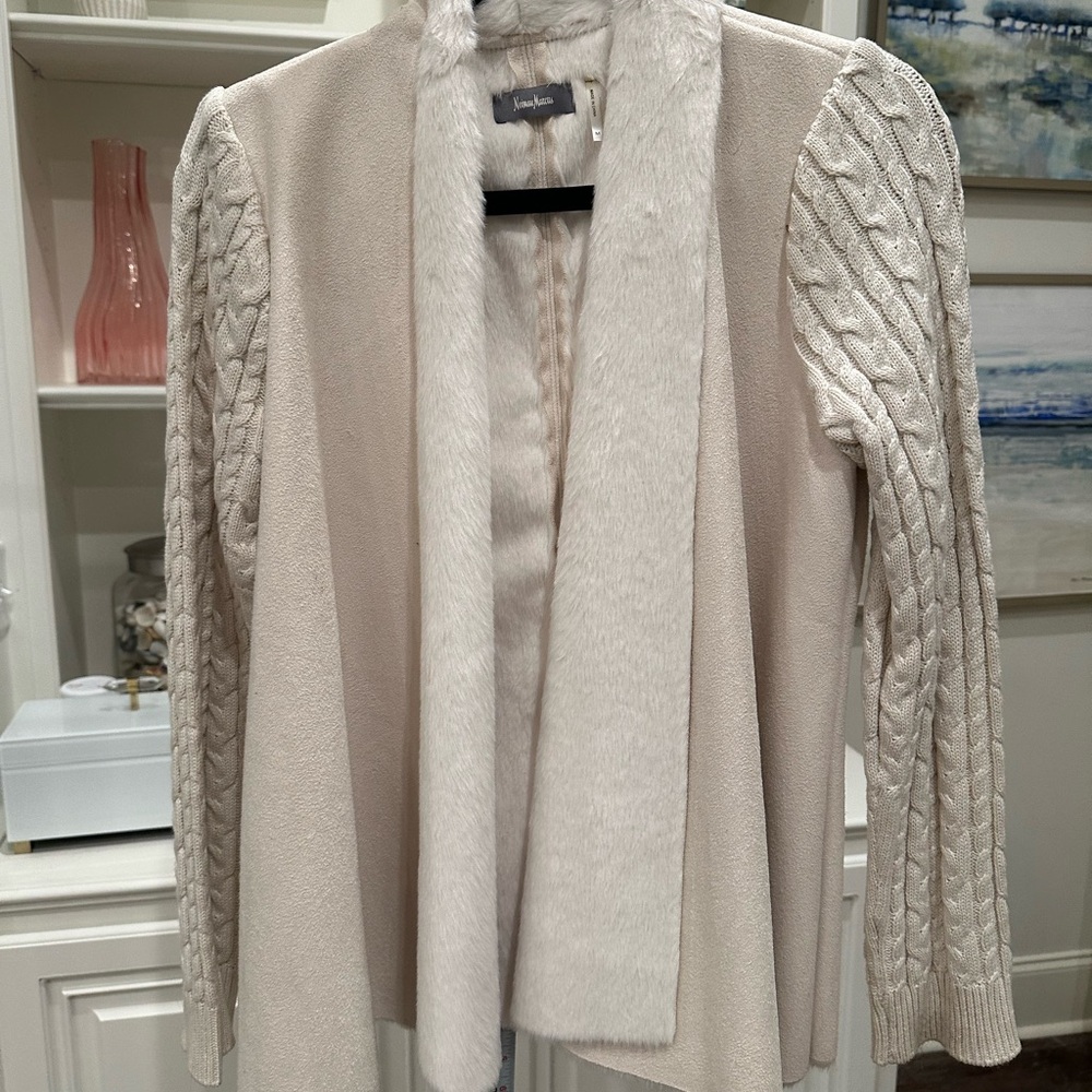Ivory Cable Knit and Faux Suede Women's Sweater